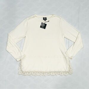NWT Bobeau Cream Lace Trim Slit Hem Long Sleeve Top